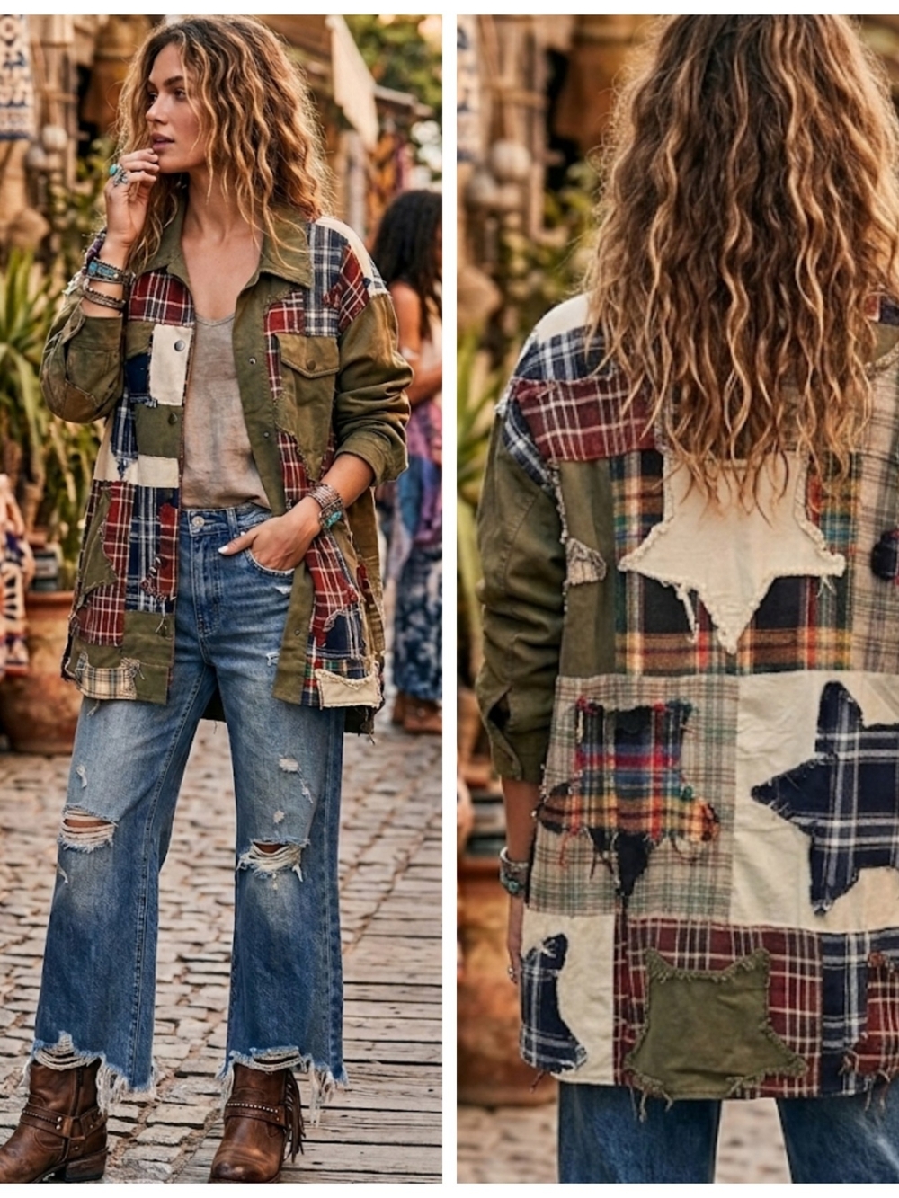 Patchwork Plaid Utility Jacket - Olive